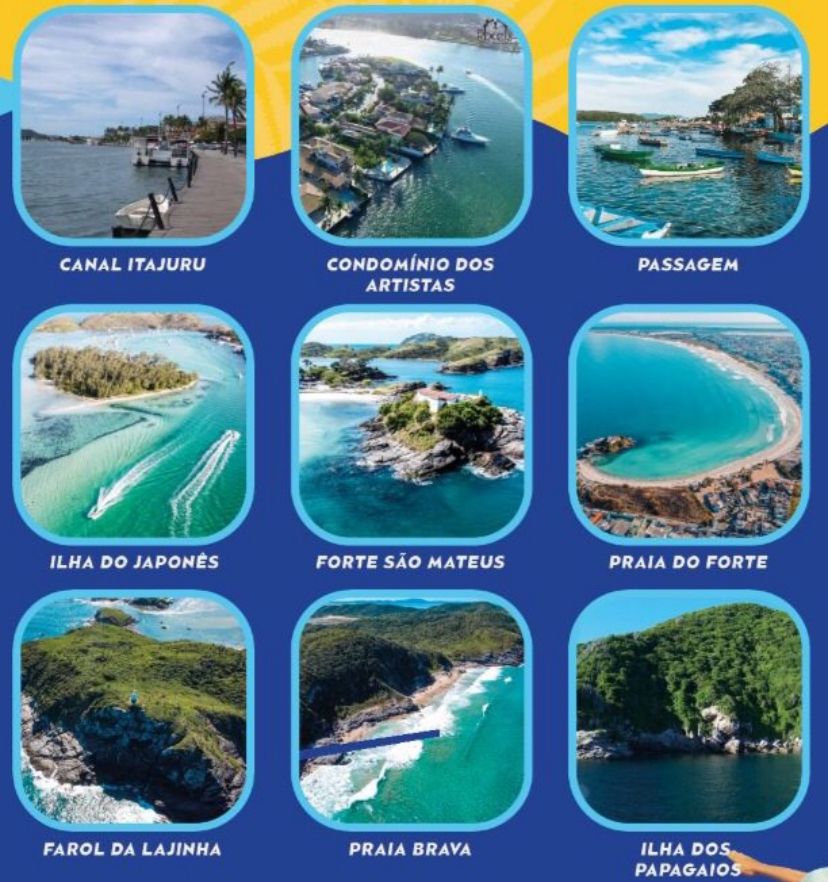 Montagem dos pontos turísticos visitados no passeio de catamarã em Cabo Frio