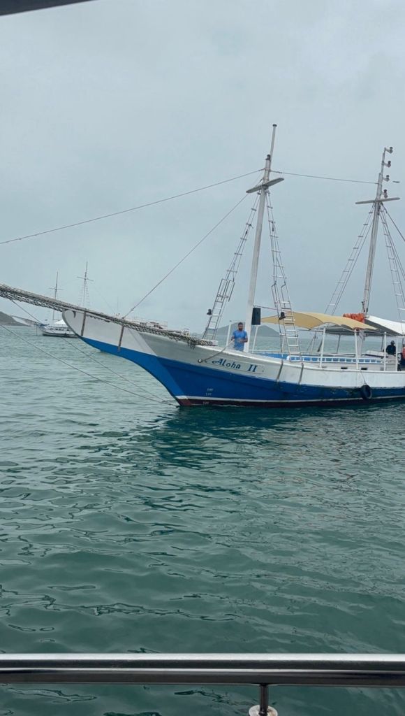 Vista lateral da escuna navegando em Búzios