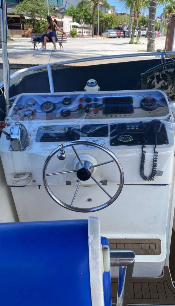 Painel de comando da lancha com volante e controles em destaque