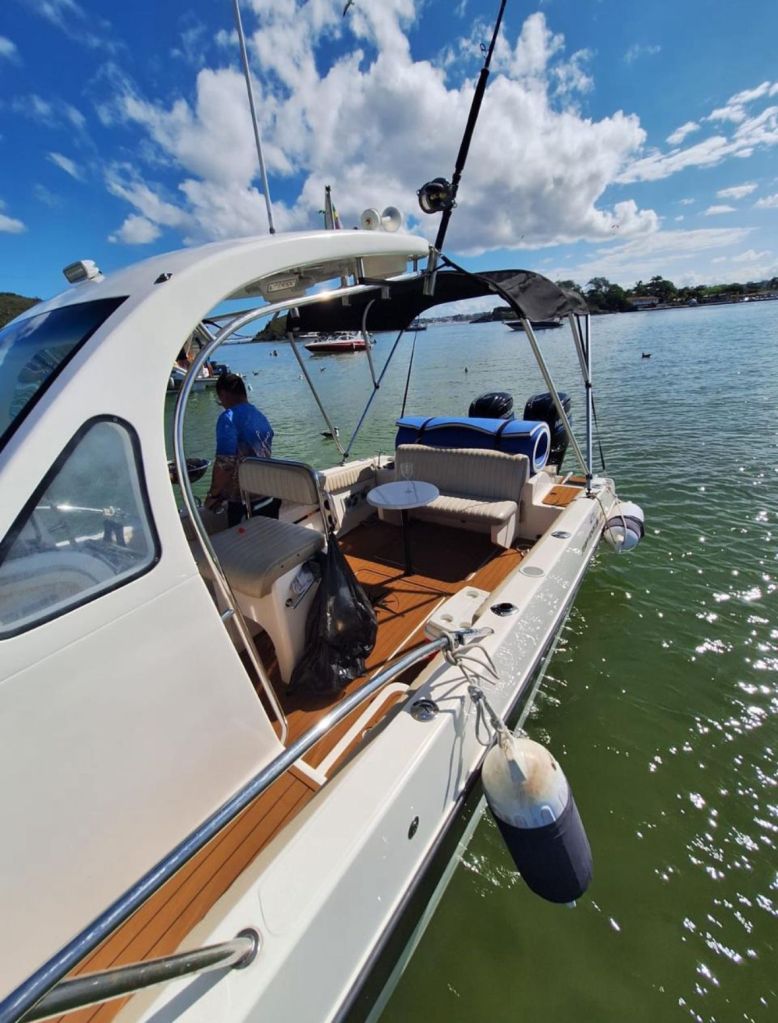 Lancha Top Fish vista de fora com varão e cobertura aberta