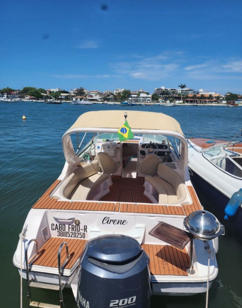 Área traseira da lancha com churrasqueira e bancos estofados