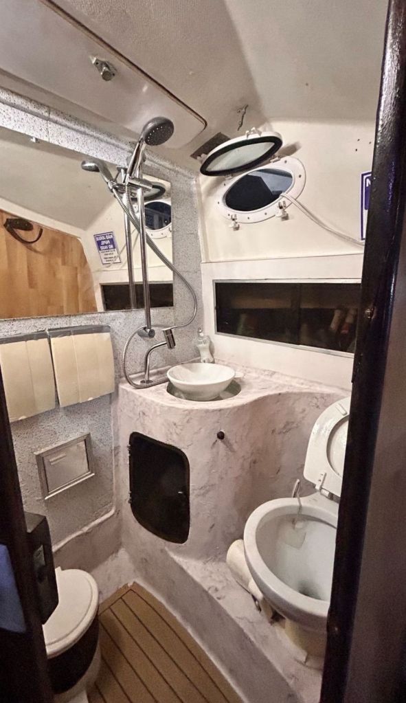 Banheiro com pia e vaso sanitário na lancha SEAGULL I